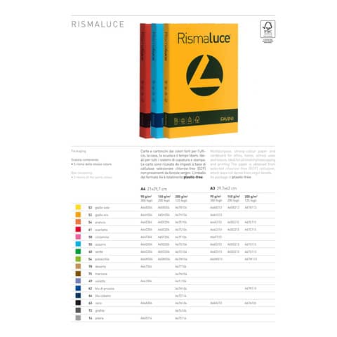 Carta colorata Favini Rismaluce colori forti 200 g/m² A4 azzurro 55 - Risma da 50 fogli - A69G544